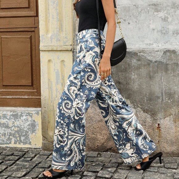 Blue Boho Women's Casual Vacation Paisley Print Side Pocket Denim Pants - Picture 2 of 8